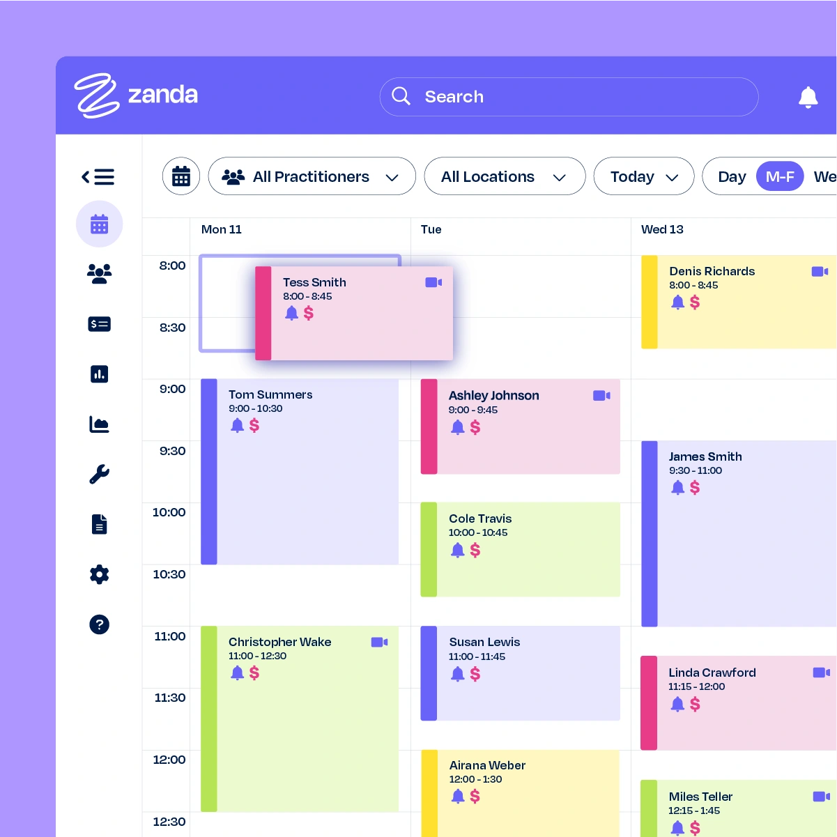 Zanda calendar management view showing appointments across multiple practitioners