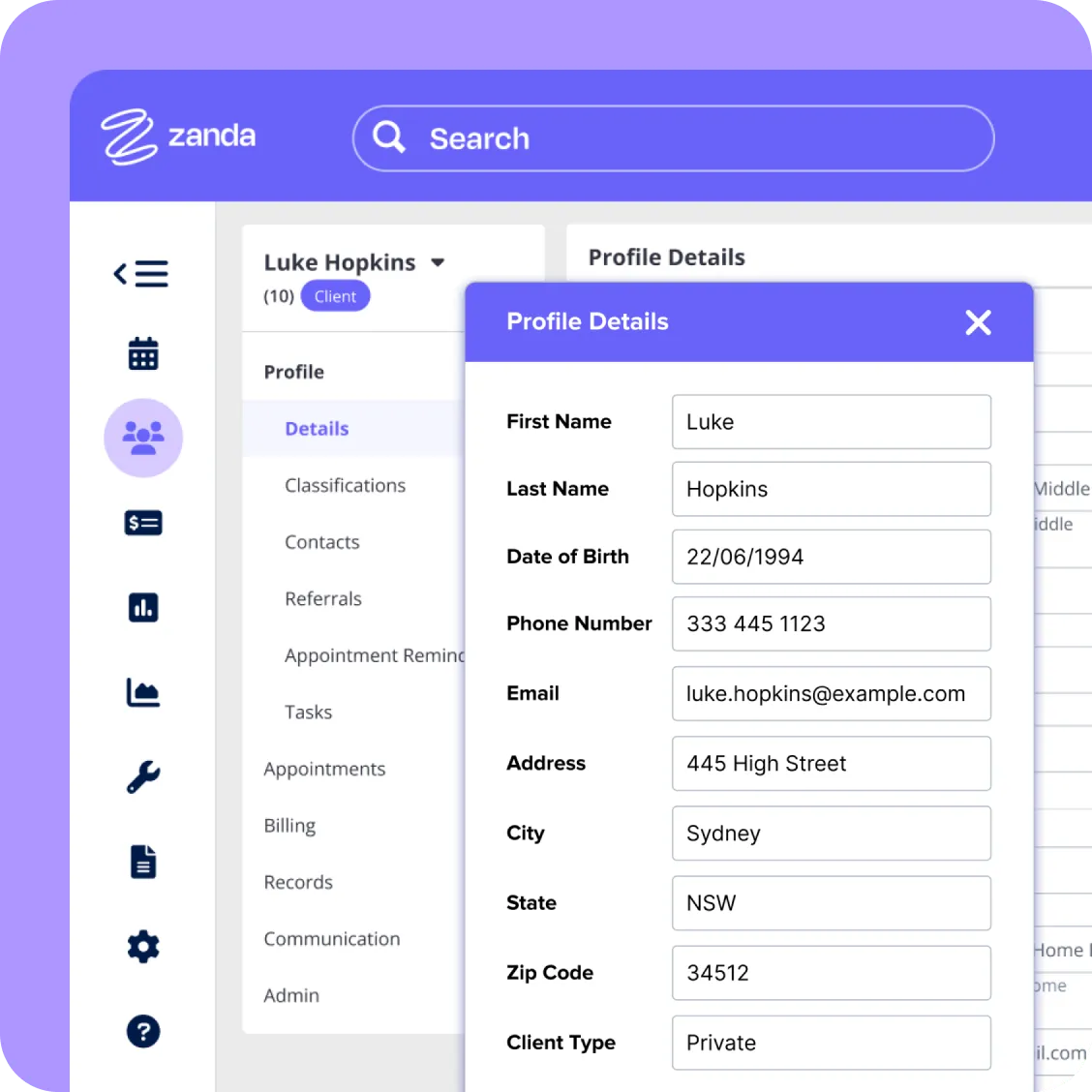 Centralized client records in Zanda