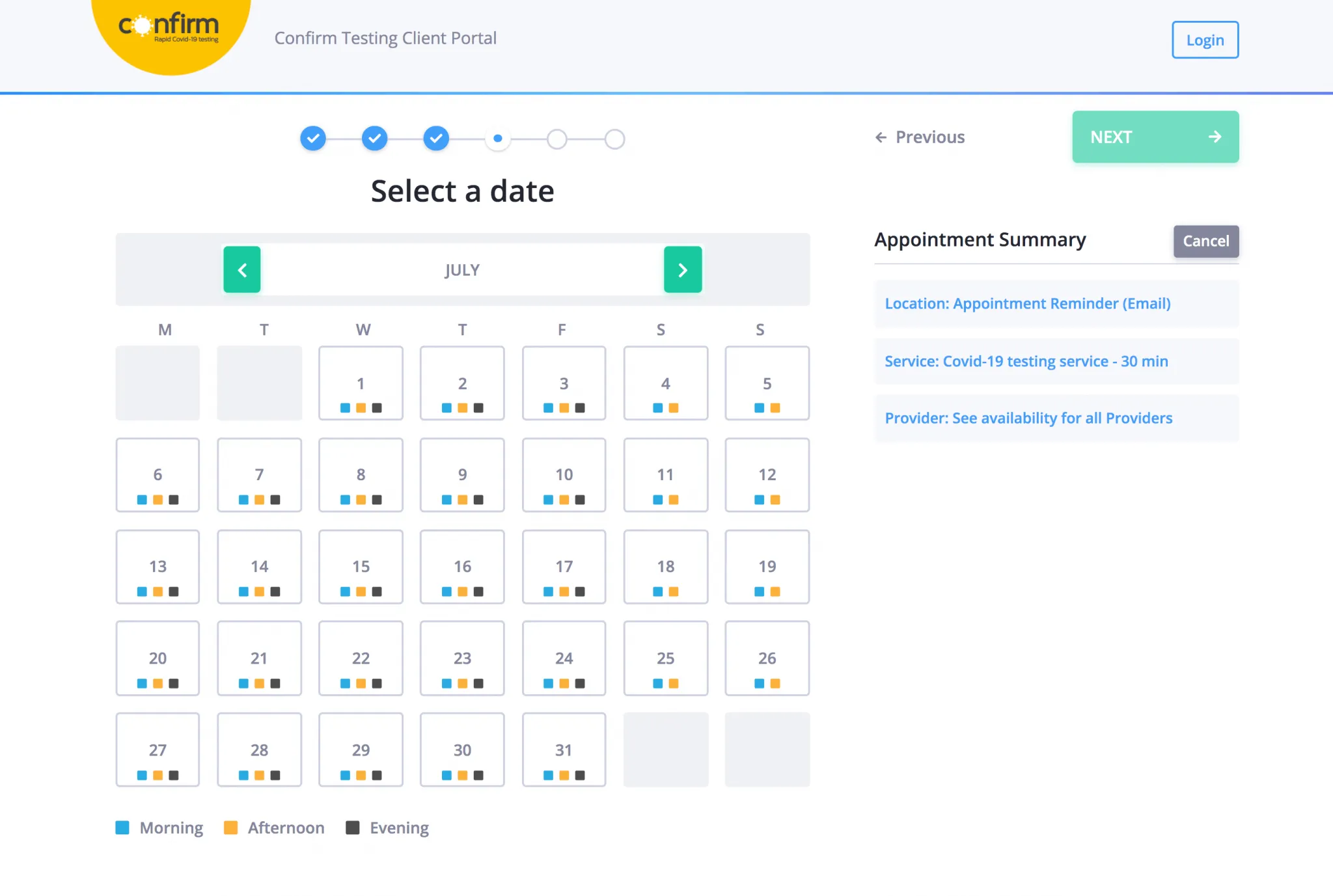 Confirm Testing booking portal