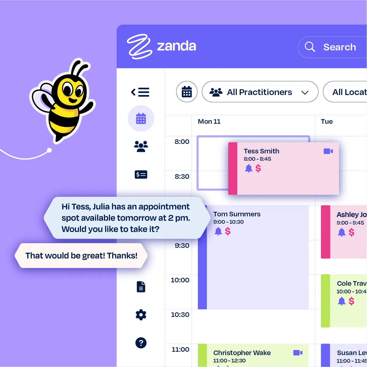 Zanda drag-and-drop calendar with automated SMS and email reminders