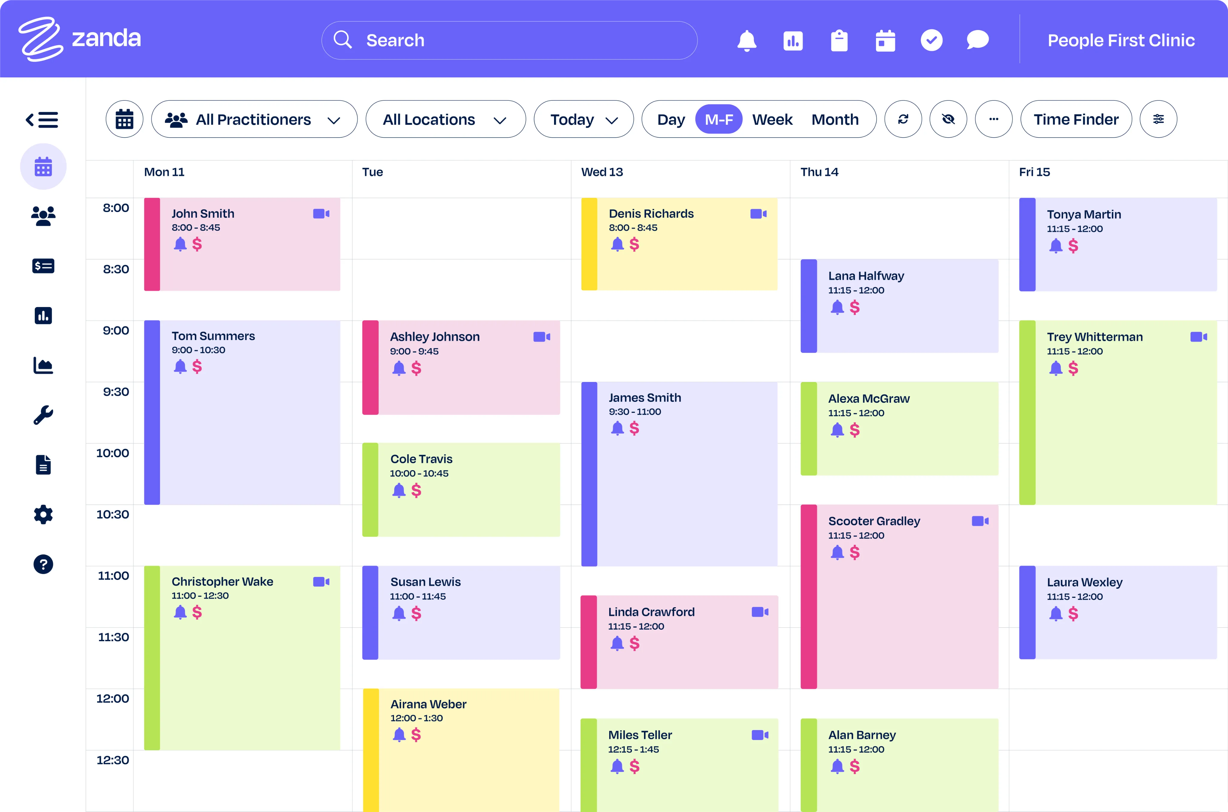 Zanda calendar interface showing solo practitioner schedule