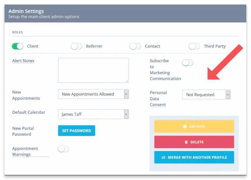 Zanda's Client Record with the Personal Data Consent field highlighted, indicating whether consent has been requested, given, or revoked.