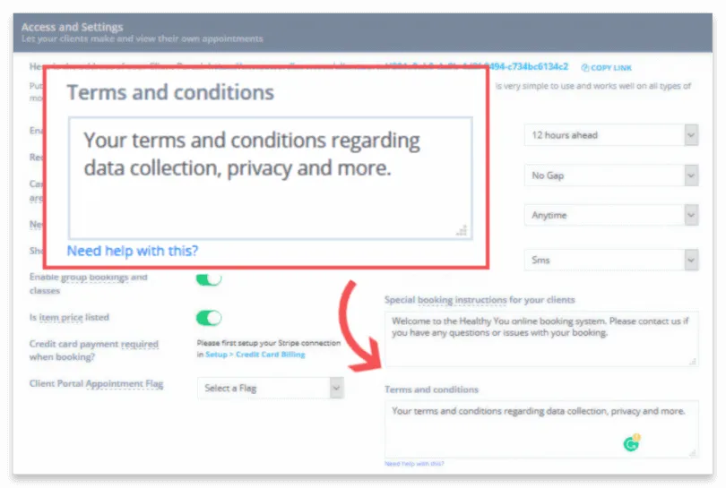 Zanda Client Portal settings showing the customisable Terms and Conditions field that clients agree to when registering and booking online.