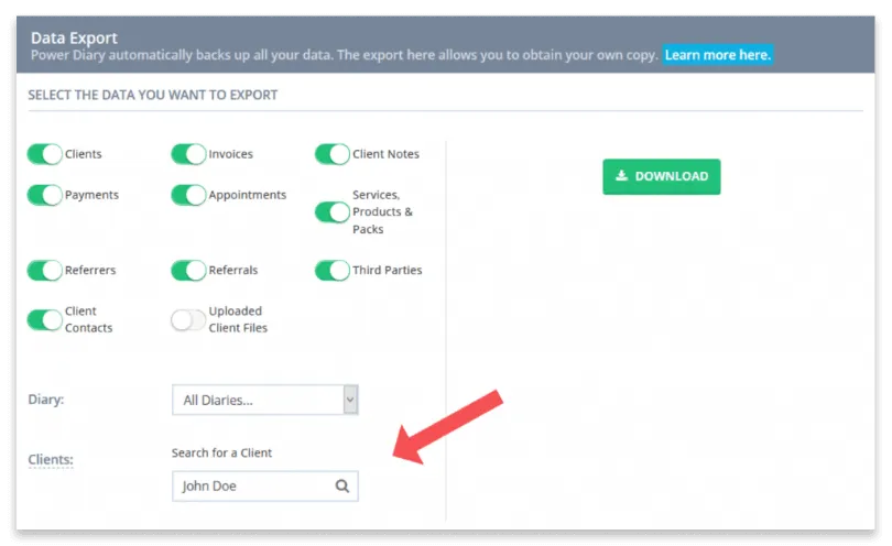 Zanda's Data Export panel with the per-client search field highlighted, used to generate a copy of an individual client's personal data.
