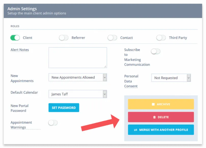 Zanda's client admin settings with the Delete button highlighted, used to permanently remove all data for a specific client.