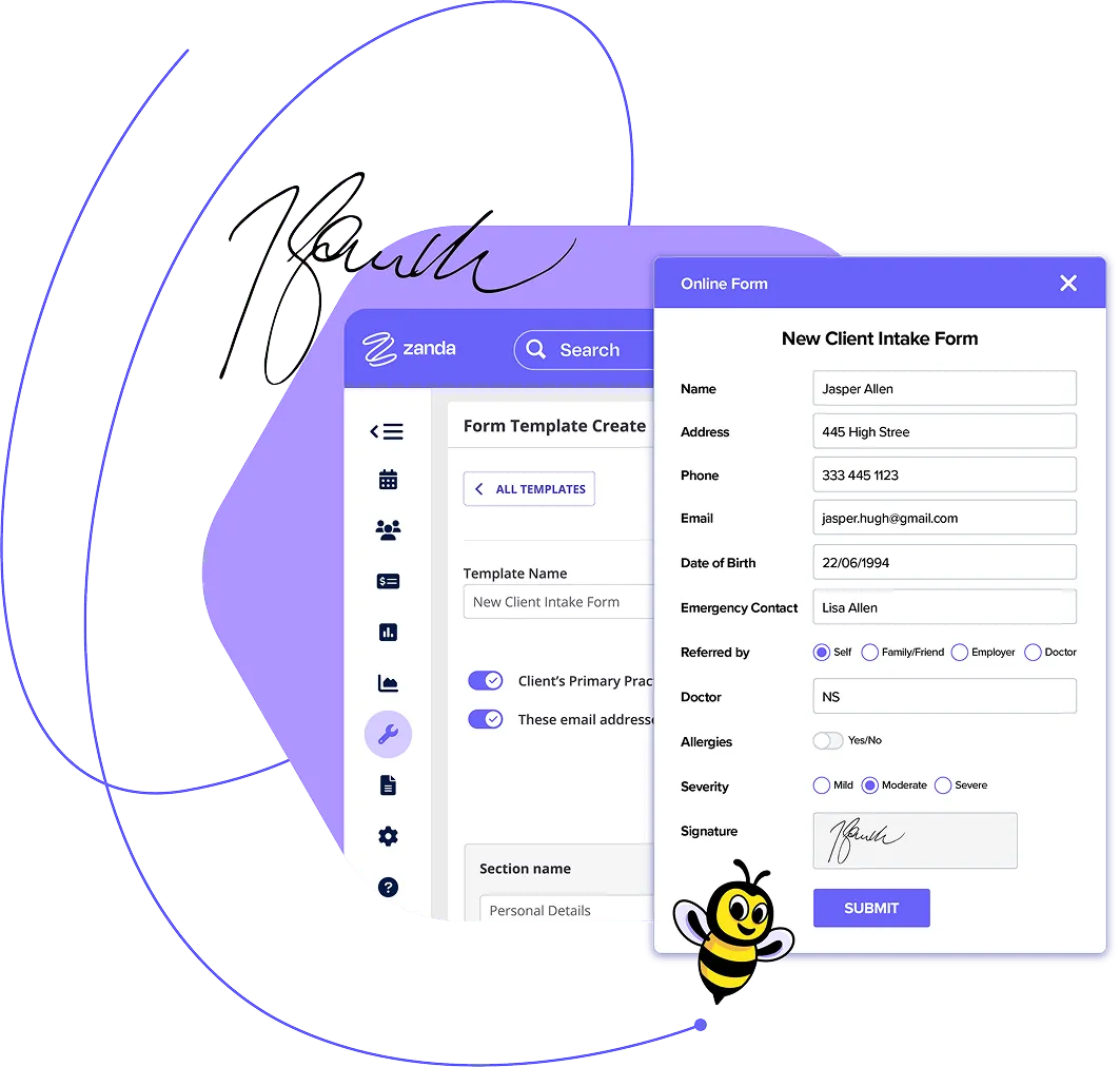 Zanda's online client intake form on desktop and mobile
