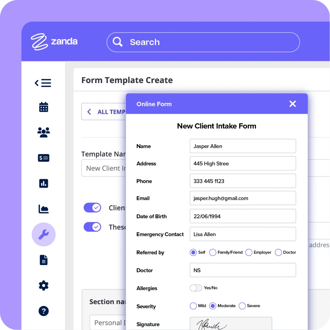 Client details flowing straight into a Zanda client profile from an online form