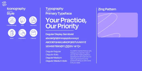 Overview of Zanda's icon style, primary typeface 'Degular,' and branding pattern called 'Zing,' showcasing clean and modern design elements for online bookings, payments, integrations, and calendar.