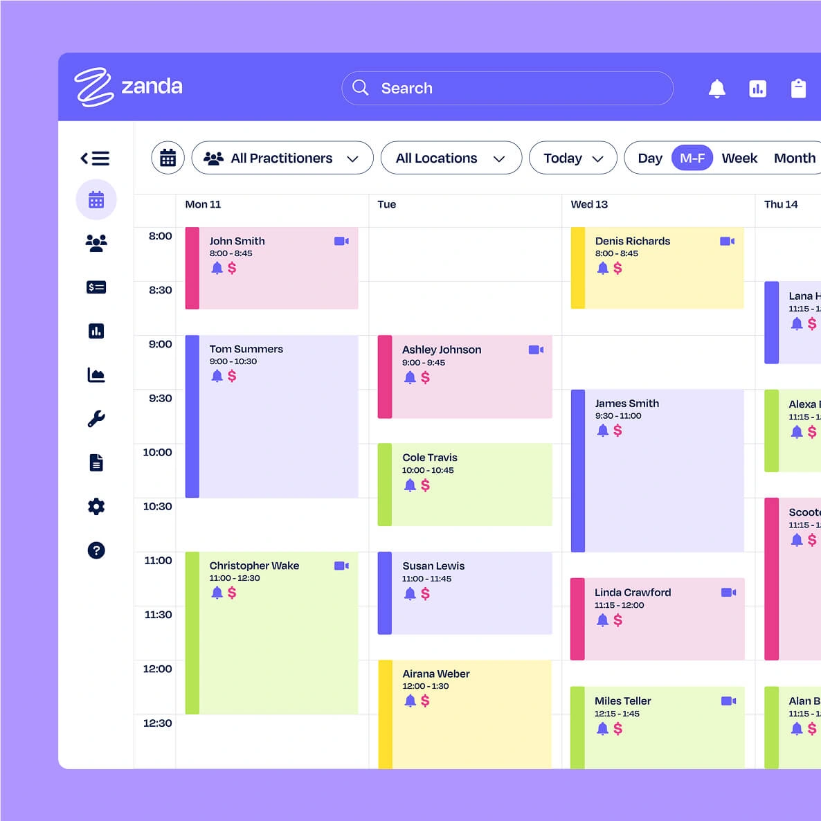 Zanda calendar showing a chiropractic clinic's appointments