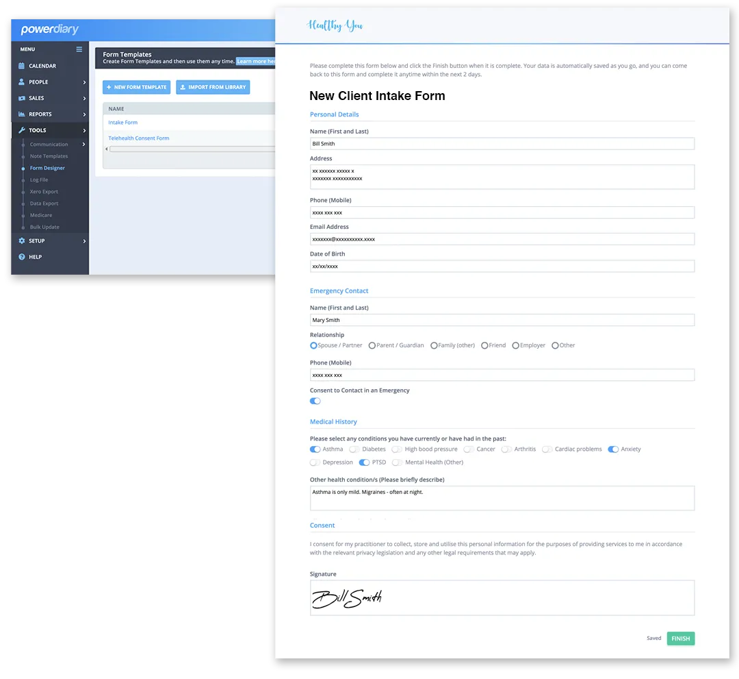 Power Diary online forms feature – new client intake form displayed on a client's device
